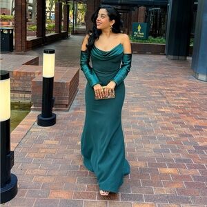 Elegant Green dress with satin top and hanging off shoulders